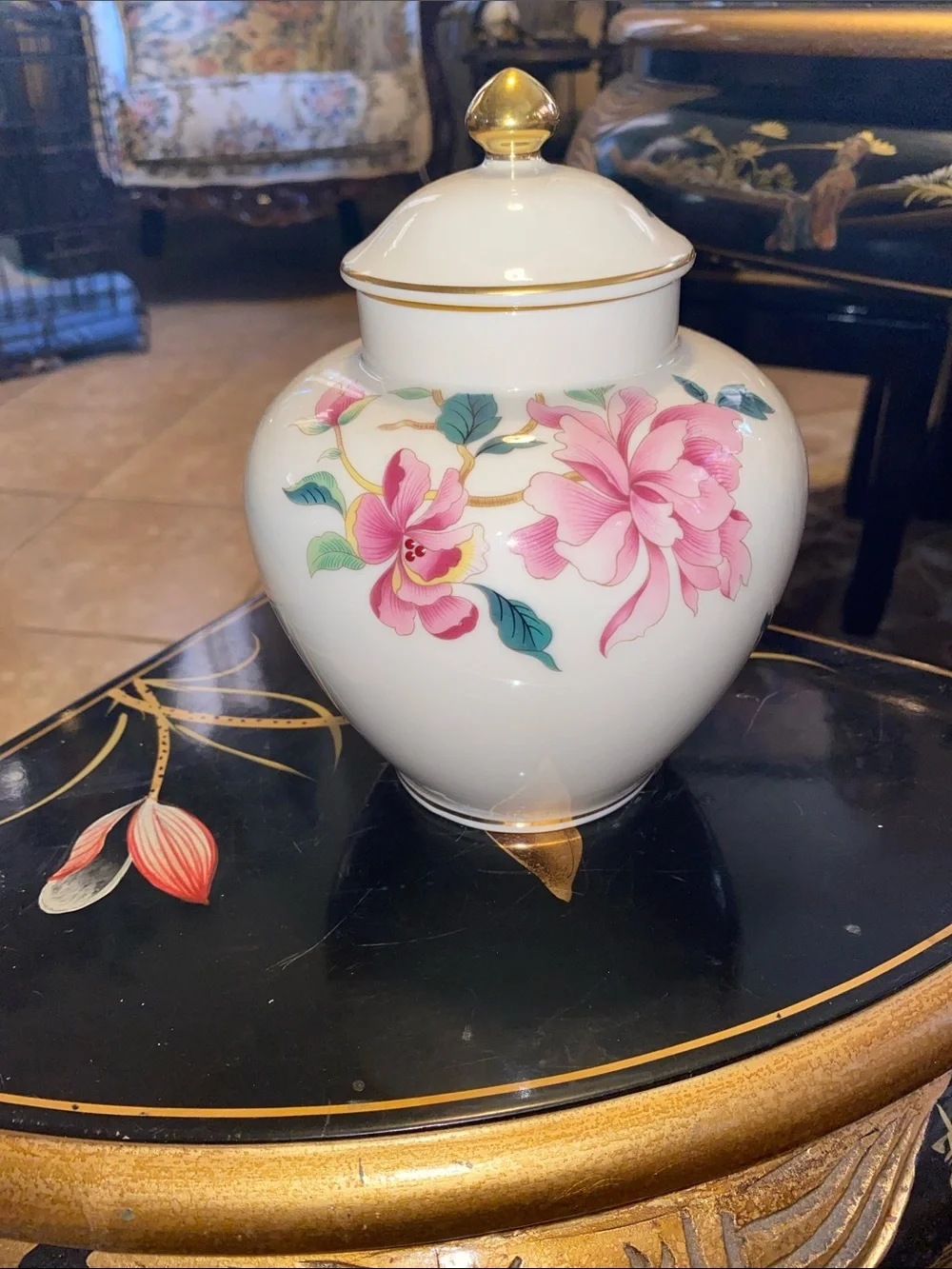 Vintage Lenox Porcelain Floral Jar with 24K Gold Trimming and Pink Blossoms